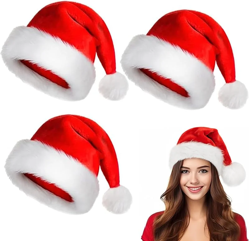 EEPLUYTY Paquete De 3 Gorros De Papá Noel De Felpa Rojos, Estilo Adulto, Ideales Para Año Nuevo y Días Festivos — Ropa Navidad