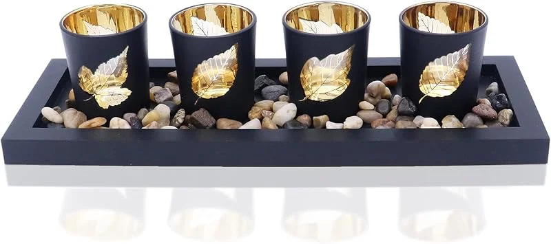 Gearific Juego de 4 portavelas de cristal, piedras naturales y bandeja de madera para decoración de mesa (hojas) — Cena a la luz de velas