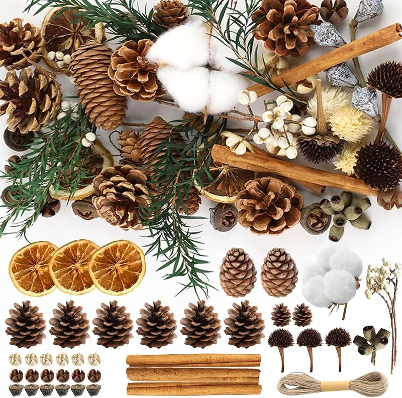 Prmape Corona de Adviento Decorativa, Corona de Navidad Arreglo de Adviento Popurrí con Ramitas, Naranjas, Canela, Piñones y Algodón para Decoración Casa Fiesta Navidad — Adviento y mesa
