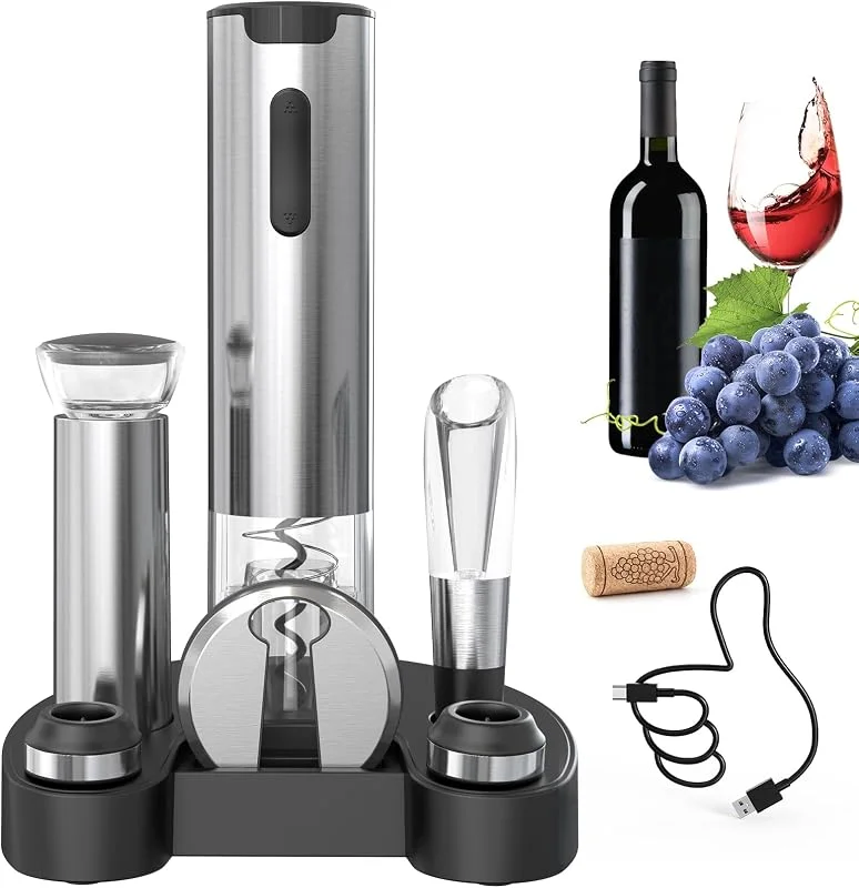 Visita la tienda de CIRCLE JOY CIRCLE JOY Sacacorchos Eléctrico 7 en 1, Abridor de Vino Recargable con Soporte de Carga, Cortacápsulas, Vertedor, Bomba de Vacío y 2 Tapones para Vino, Cable USB-C — Vino y mesa festiva