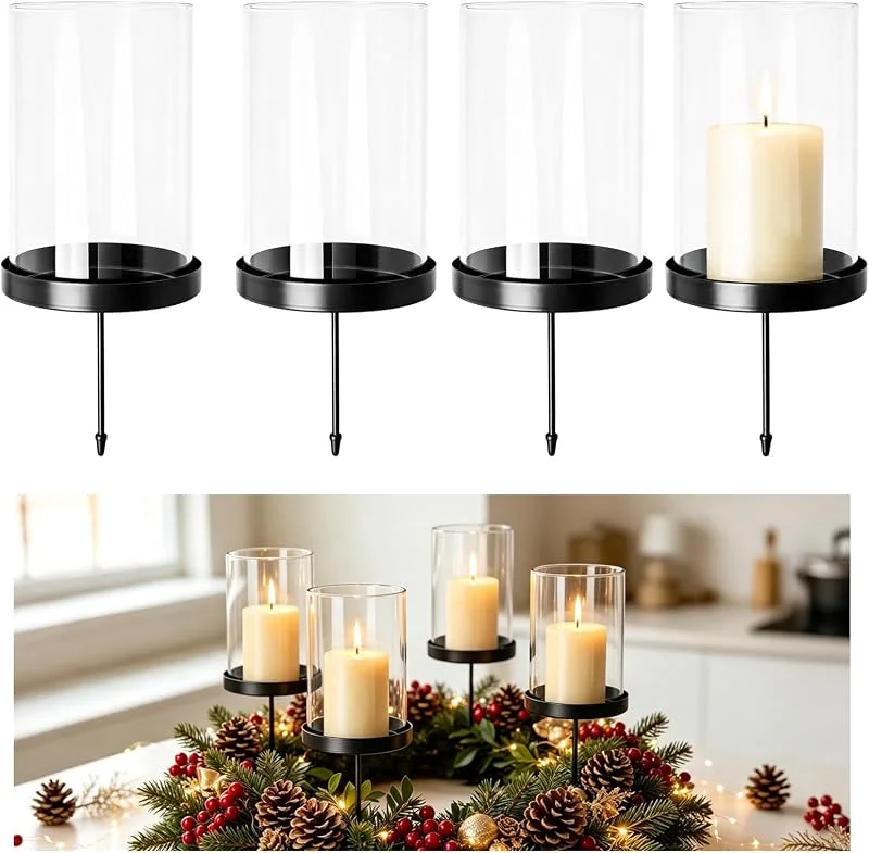 Bubuny Candelabros Portavelas Corona de Adviento 4 Piezas con Pantalla de Vidrio, Candelabro Negro de Metal 8 cm para Velas, Soporte para Pinchar en Coronas, Decoración de Navidad — Adviento y mesa