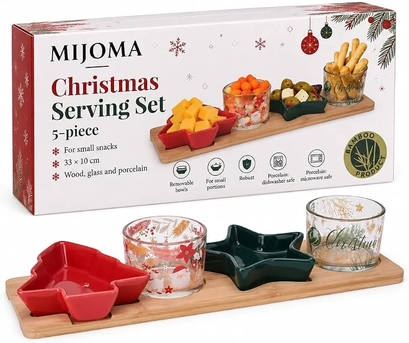 MIJOMA Juego de vajilla de Navidad X-MAS – Tabla de madera de 5 piezas con cuencos de porcelana y cristal – Perfecto para tapas, quesos, salsas y dulces — Adviento y mesa