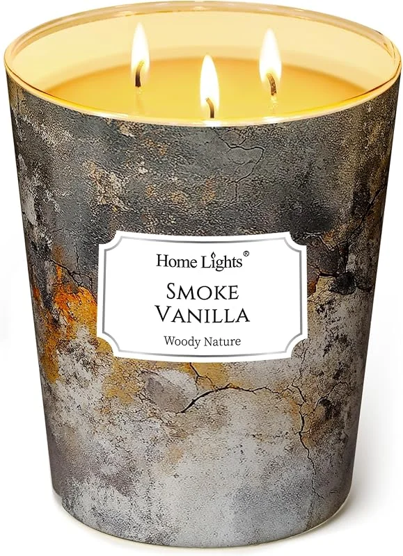 Home Lights HomeLights Velas perfumadas, Large Jar 960g Vela de soja natural, 130 horas de larga duración con 3 Wicks, Bohemian Natural para la decoración del hogar Vainilla Ahumada — Cena a la luz de velas