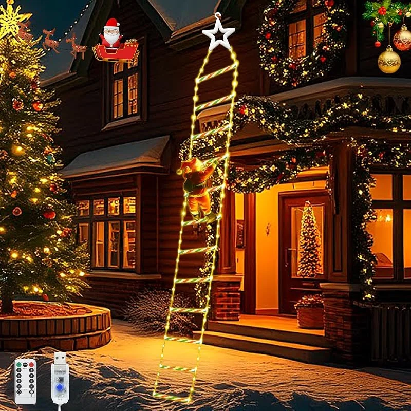 GHONLZIN Luces de Escalera Navideñas con Papá Noel, 3 M 240 Leds Luces de Navidad Arbol, 8 Modo, Alimentación por USB con Control Remoto, para Decoración de Interiores, Exteriores, Jardines Ventanas — Decoracion Navidad