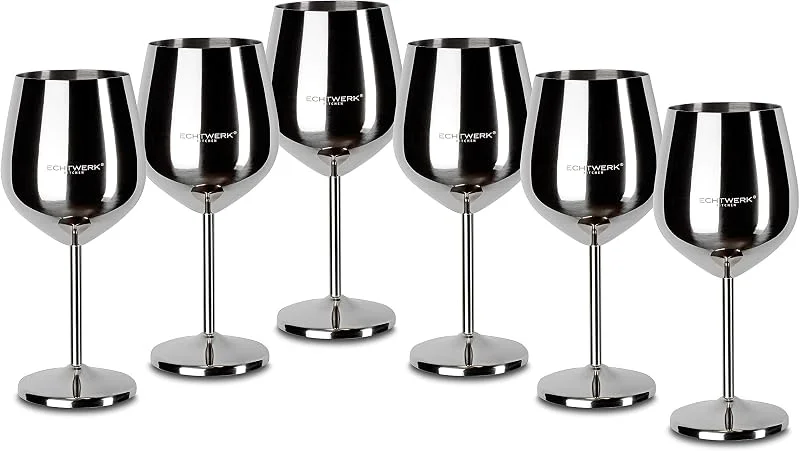 Visita la tienda de ECHTWERK ECHTWERK Copas de vino irrompibles de acero inoxidable, juego de copas de vino tinto, copas de camping, copas de cóctel, robustas, irrompibles, edición plateada, 6 piezas, 21 x 7, 3 cm, 0, 5 L — Vino y mesa festiva