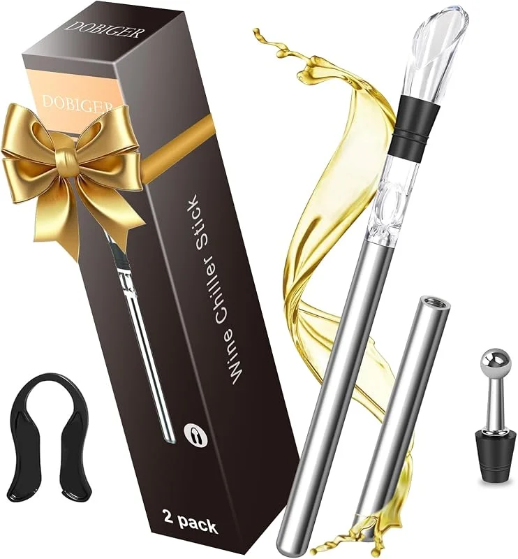 DOBIGER 2 PCS Enfriador de Botellas de Vino, 3 en 1 Kit: Juego de Refrigeración de Vino + Tapón–Decantador + Aireador — Vino y mesa festiva