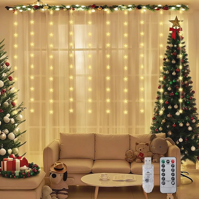 Visita la tienda de SALCAR SALCAR Cortina de luces LED con forma de estrella, 50 luces LED para interior con 8 modos de mando a distancia, regulable, USB, iluminación navideña para ventana, para Navidad, fiesta, boda, balcón — Decoracion Navidad