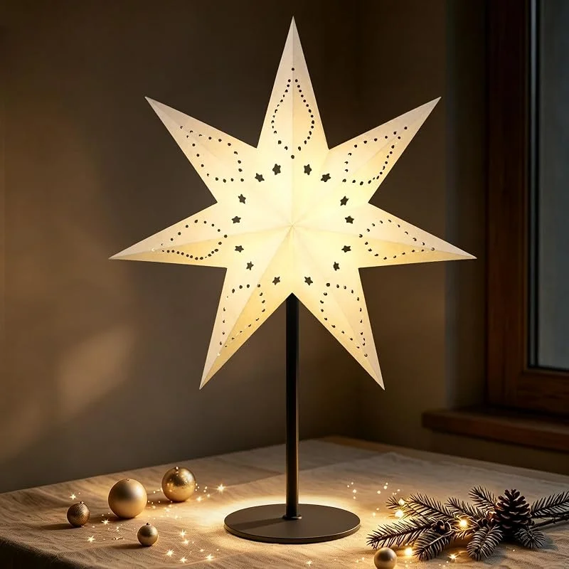 Visita la tienda de Lewondr Lewondr Lámpara De Mesa Estrella De Navidad 3D De Papel, 17, 72" Estrella Navideña De 7 Puntas Calada Iluminada Con Bombilla LED E14, Decoración De Mesa Navideña Con Base De Hierro Para Hogar — Cena a la luz de velas