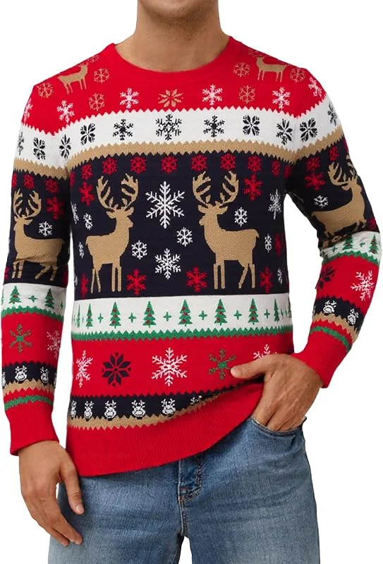 Atforna Jersey de Navidad para hombre Ugly Christmas Sweater Divertido Jersey de Navidad Cuello Redondo Jersey de Punto con Copo de Nieve para Navidad Fiesta — Ropa Navidad