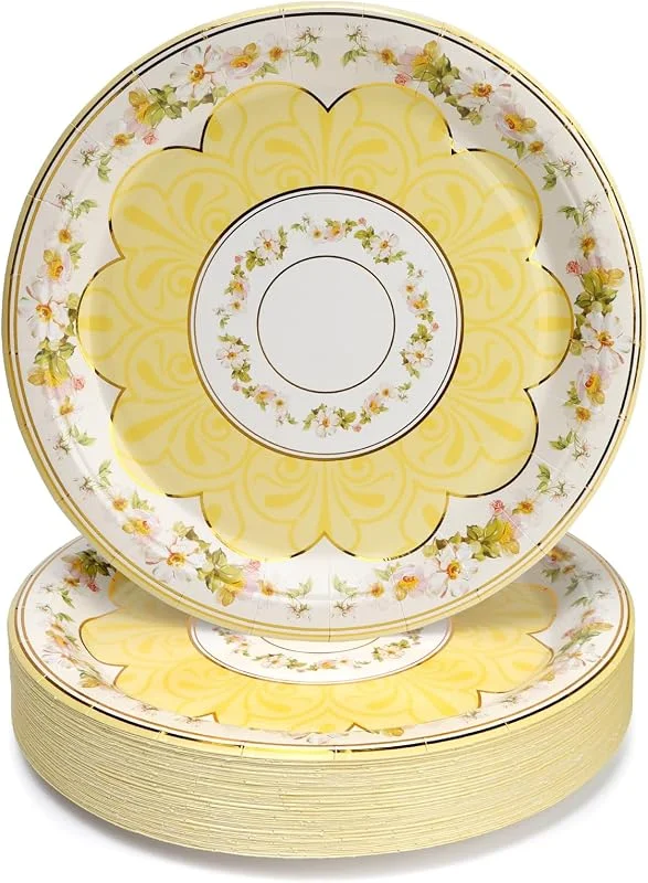 Visita la tienda de PARTY GO 50 platos de papel amarillos, platos de papel floral, platos de té de la tarde para boda, cumpleaños, tarde, té, fiesta, decoración de mesa, servir para 50 invitados — Adviento y mesa