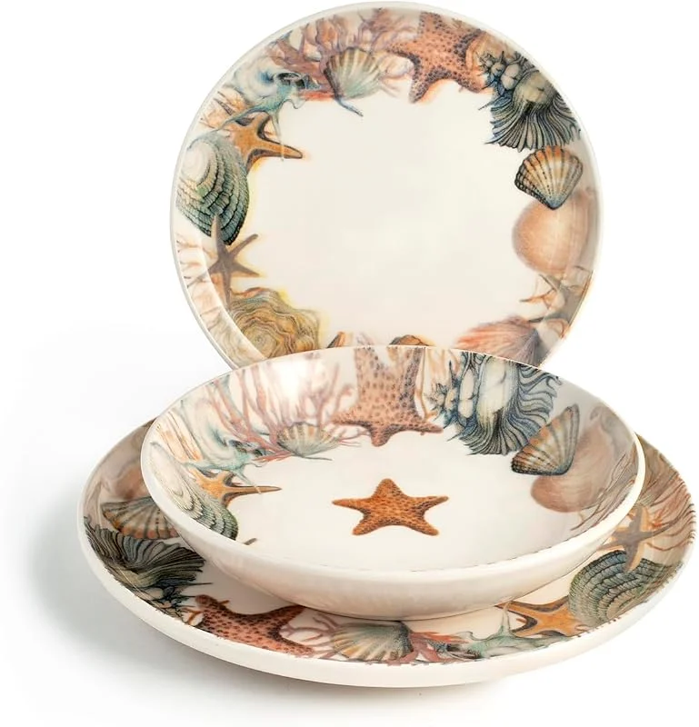 H&H – Vajilla de 18 piezas Saintbarth, stoneware decorado, platos llanos, hondos y de postre, apta para microondas y lavavajillas — Adviento y mesa