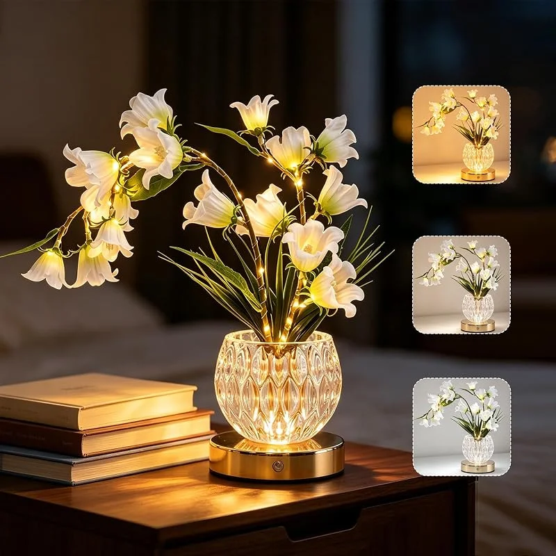 BVI BOOMERVIVI Lámpara de mesa, girasol, 3 colores, lámpara de mesita, pantalla táctil, de cristal, con jarrón, regulable, lámpara de escritorio, recargable, inalámbrica, regalo romántico para mujeres — Cena a la luz de velas
