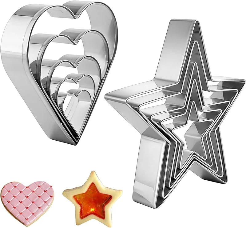 ELNX Juego de 10 Cortadores de Galletas Corazón y Estrella, Moldes de Acero Inoxidable para Repostería, Navidad, San Valentín y Cumpleaños, Cortapastas para Bizcochos y Fondant — Hogar y cocina