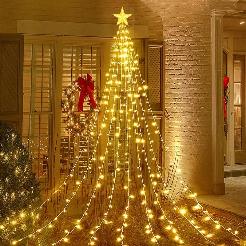 Acxilexy 2M*9 Luces Arbol Navidad con Estrella, 198 LEDs USB Guirnalda Luces Arbol Impermeable con 8 Modos, LED Luces Decorativas para Navidad, Bodas, Jardín — Luces Navidad