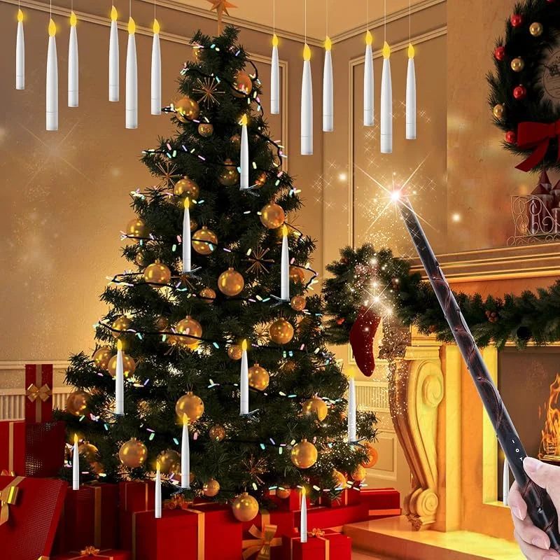 EXTSUD Juego de 12 Velas LED flotantes con mando a distancia, varita mágica, velas colgantes a pilas con llama vacilante para decoración de Halloween, Navidad y boda — Luces Navidad