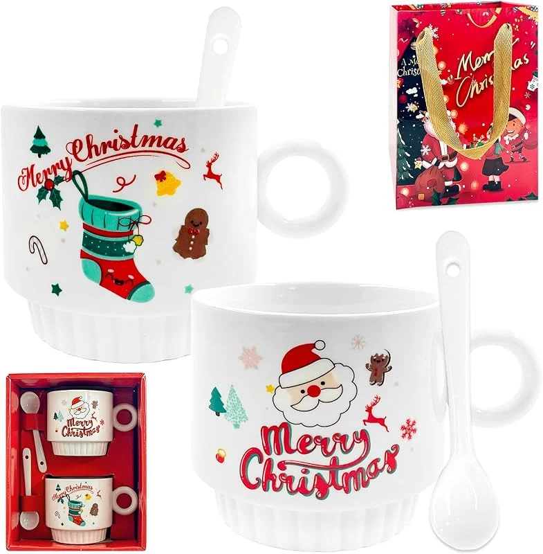 TaimeiMao Set de 2 Tazas de Cerámica Feliz Navidad 260ml + 2 Cucharas de Cerámica + 1 Caja de Regalo Portátil - Tema Papá Noel + Calcetín de Navidad — Adviento y mesa