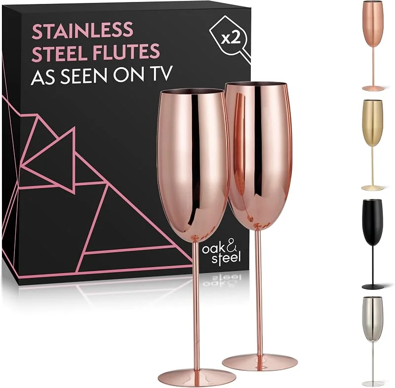 Visita la tienda de OS Oak & Steel ENGLAND Oak & Steel - 2 Copas de Champán de Cobre (280ml) - Copas de Prosecco de Acero Inoxidable Oro Rosa, Copas de Metal Irrompibles con Caja de Regalo — Vino y mesa festiva