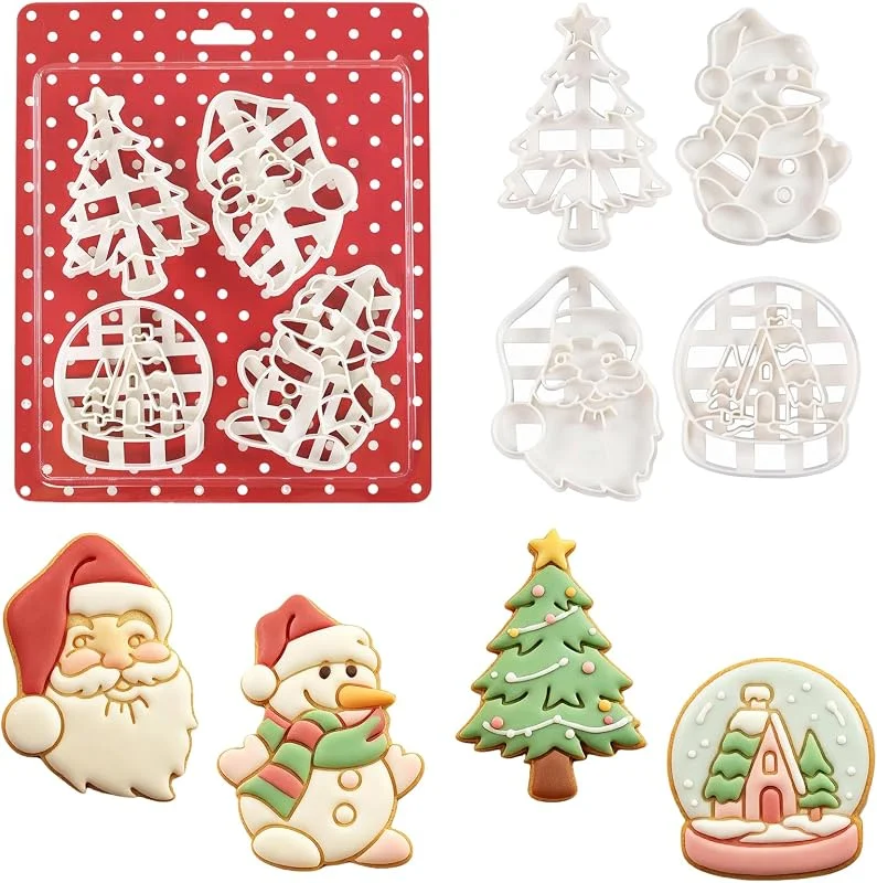 MIXBER 4pcs Moldes Galletas Navidad, Juego de Cortadores de Galletas de Plástico y Acrílico, Moldes para Repostería con Formas de Papá Noel y Muñeco de Nieve, Ideales para Fondant y Decoración de Tartas — Hogar y cocina