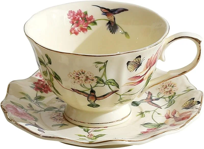 Visita la tienda de fanquare fanquare Taza de café y platillo con flores y pájaros, Taza de té vintage de cerámica con borde dorado, 250 ml, elegante regalo para la merienda — Adviento y mesa