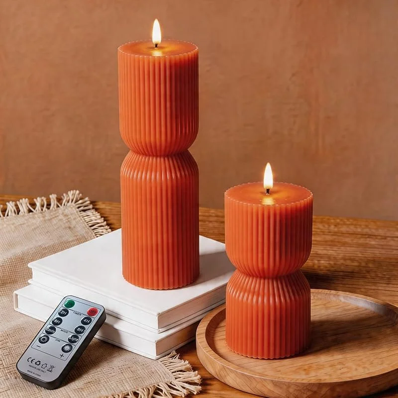 PinnWaa Velas LED de Pilar Sin Llama 2 Piezas, Cera Real Estriada, Naranja — Cena a la luz de velas