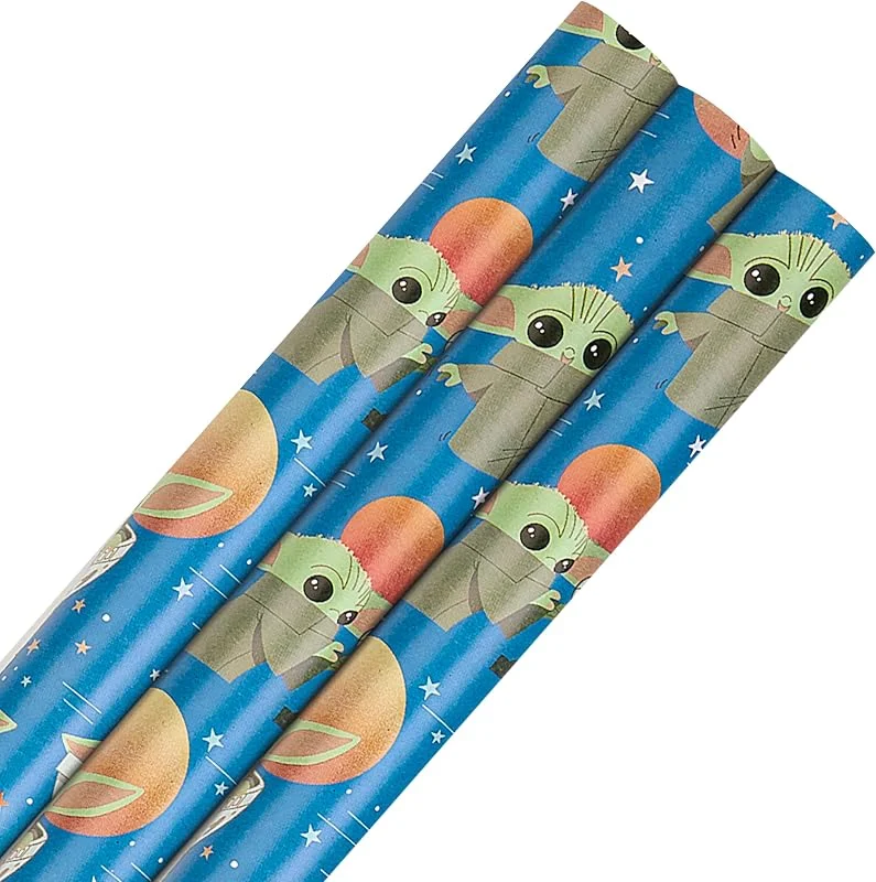 Hallmark Rollo de papel de regalo, paquete de 3 en 1, diseño The Mandalorian Grogu, 2 m cada uno, cumpleaños, Navidad, azul — Envoltorio regalo