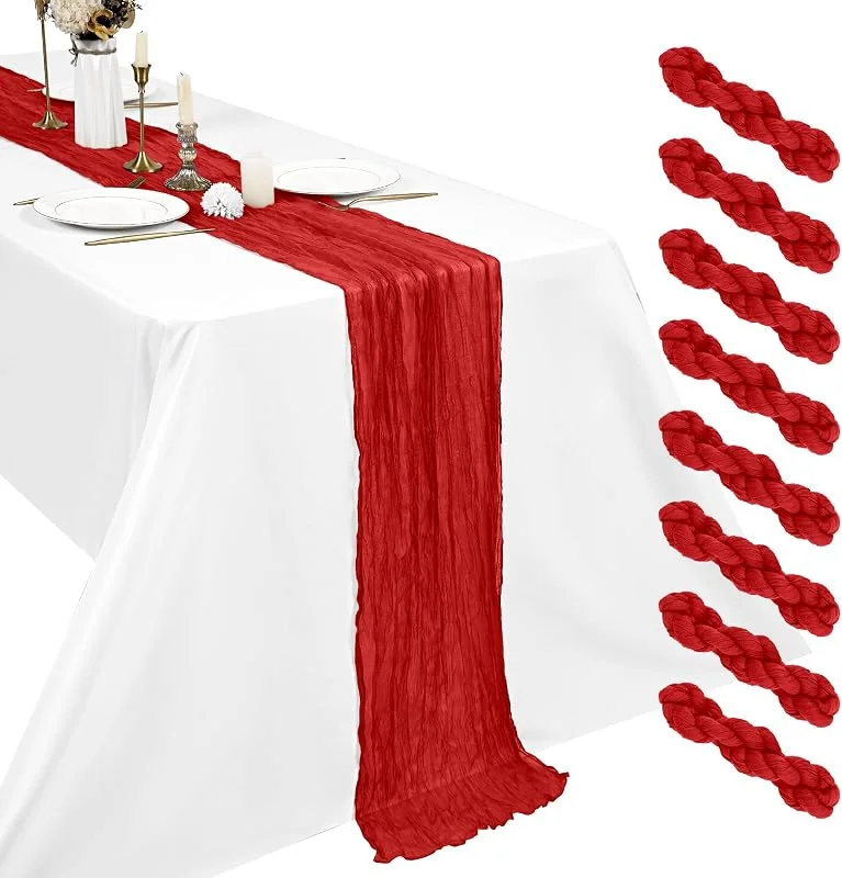 Visita la tienda de Pesonlook Pesonlook Paquete de 8 caminos de mesa de gasa roja, 45 x 275 cm, camino de mesa de gasa bohemia de 45 x 275 cm, camino de mesa largo rústico romántico para boda, fiesta, despedida de soltera — Hogar y cocina