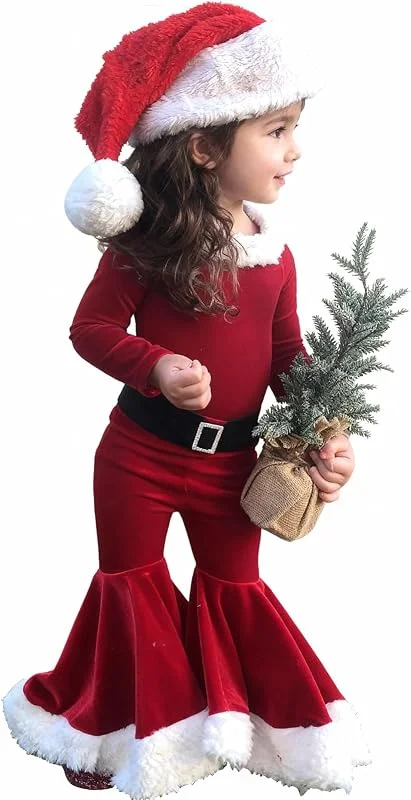 TAGVO Bebe Niña Disfraz de Elfo Conjunto Navidad Cosplay Mi Primera Navidad Conjunto 3 PC Set de Navidad con Ropa Pantalones Diadema Sombrero, Regalos para Niñas 1-9 Años — Ropa Navidad
