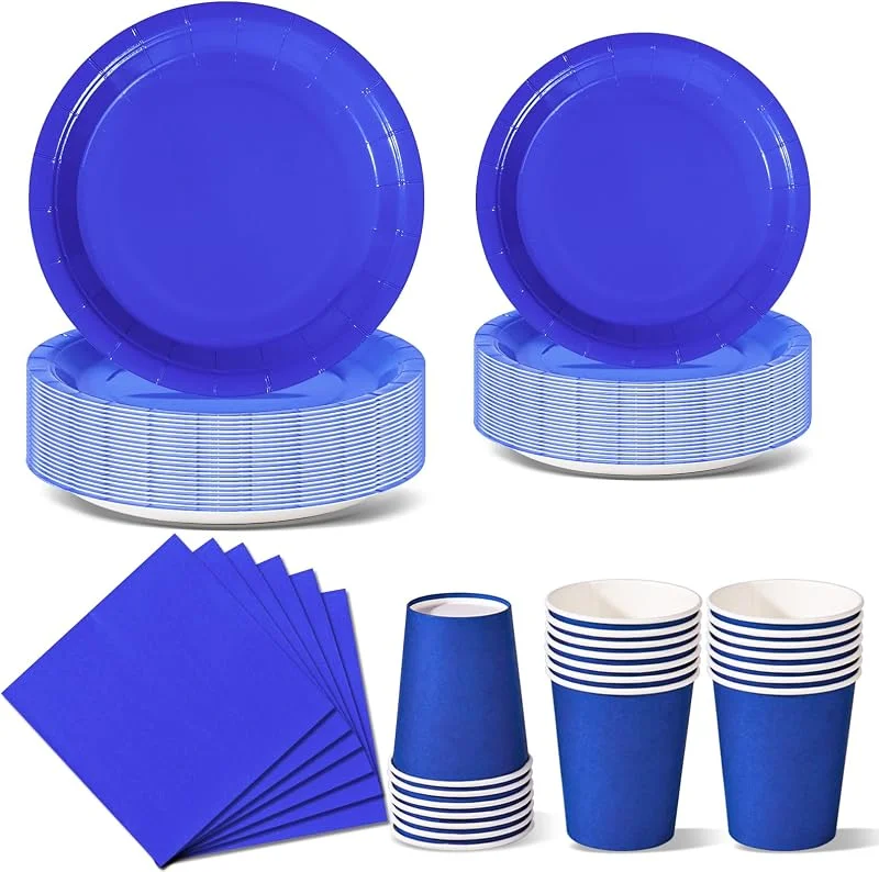 Nkaiso 96 Piezas Azul Joya Vajilla Fiesta Cumpleaños, Platos y Vaso Cumpleaños Infantil, Set de Party Decoración Platos Desechable Servilletas para Navidad, Barbacoas, Fiestas -24 Invitado — Adviento y mesa