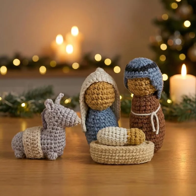 QUANMAITONG Juego de figuras de belén, decoraciones navideñas pequeñas de ganchillo, decoración navideña para interior — Decoracion Navidad
