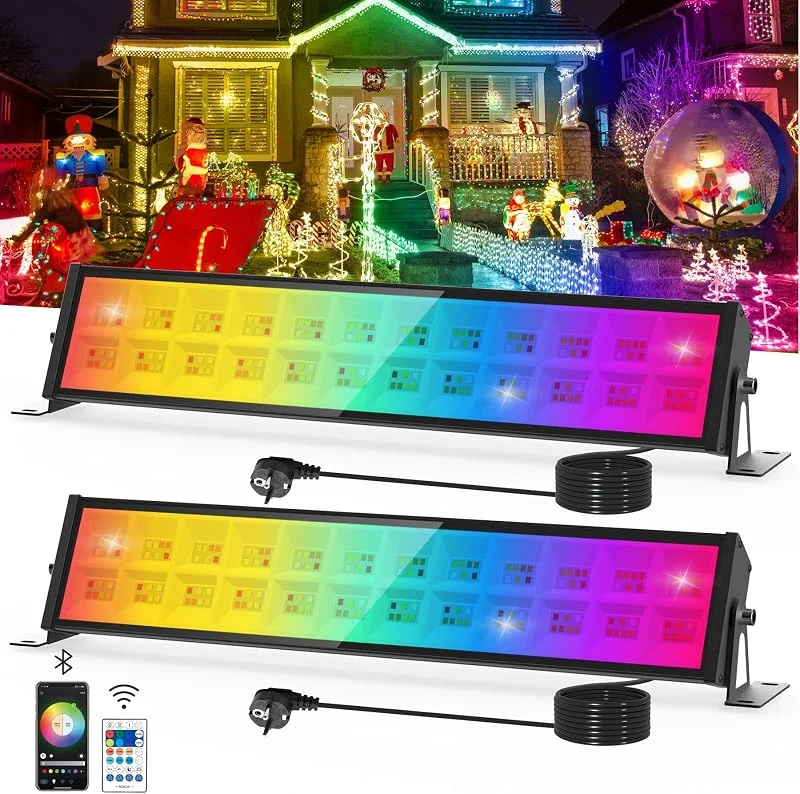 NATPOW Foco LED RGB Exterior 72W, 2 Paquetes Foco LED Colore con APP y Mando, 16 Millions Colore 20 Modos Barra de Luz LED, IP65 Resistente para Bar, Jardín, Fiesta, Navidad, Halloween — Luces Navidad