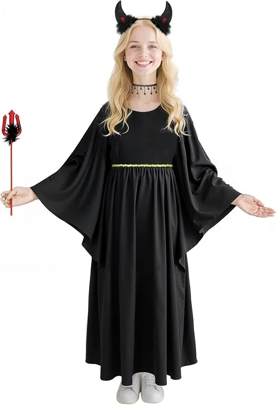 AYBUY Diablo Disfraz de Halloween niños, 4pcs Disfraz de Diablo Negro con Diadema, Collar y Varita de Tenedor de Oveja, Divertidos Accesorios para niños Navidad Halloween Fiestas de Disfraces — Ropa Navidad