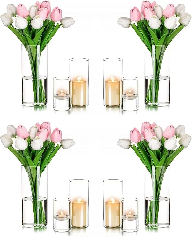 Romadedi Portavelas de cristal transparente para velas de pilar, juego de 3 jarrones cilíndricos flotantes, mesa de boda, centro de mesa, decoración del hogar, 10, 15, 20 cm — Cena a la luz de velas