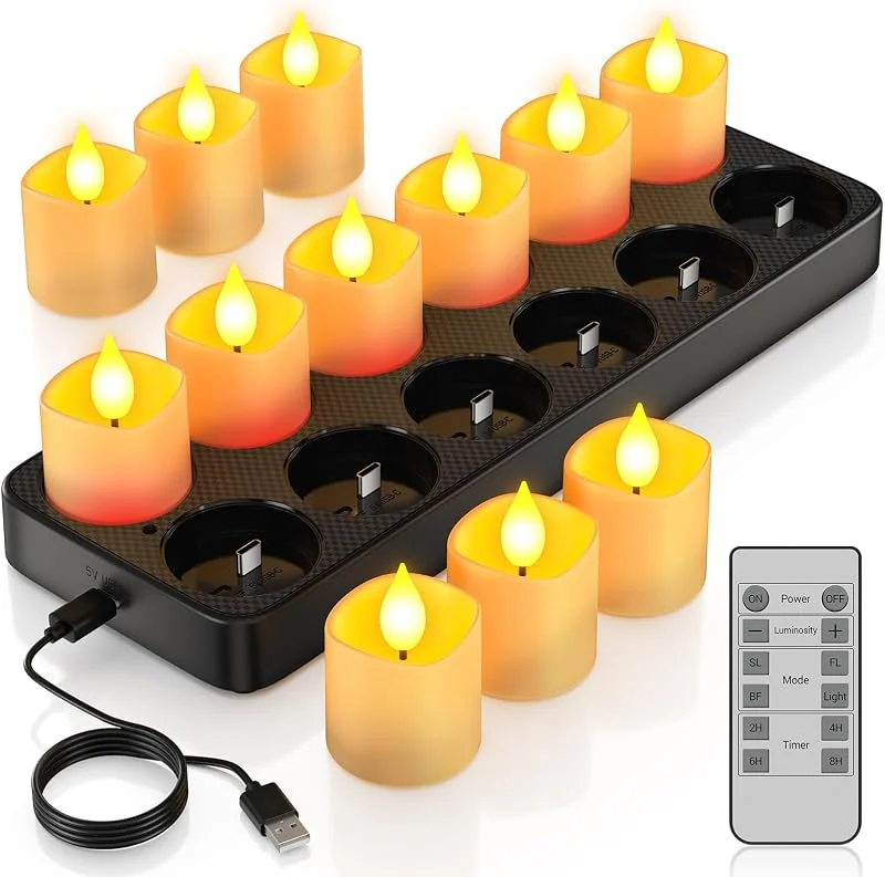 Visita la tienda de PChero PChero Vela de calentamiento plano LED recargable, 12 velas LED falsas votivas llama vacilante vela decorativa eléctrica con mando a distancia para decoración de Navidad cumpleaños casa — Cena a la luz de velas