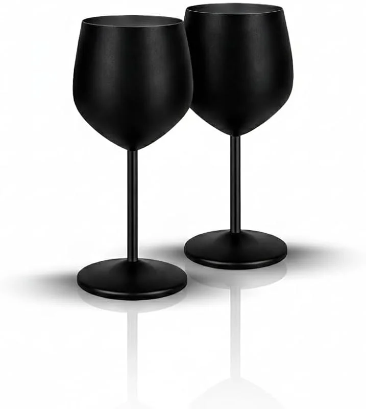 Olyra Home Set de 2 Copas de Vino de Acero Inoxidable Negro Mate (530ml), Copas Irrompibles de Metal Premium, Térmicas, Sin BPA y Fácil de Lavar, Ideal para Exterior, Piscina, Terraza y Regalo — Vino y mesa festiva