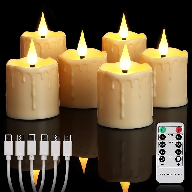 yunsheng Velas de té LED recargables sin llama con mando a distancia y temporizador de 4, 6H, velas LED recargables impermeables, 5 velas votivas parpadeantes de 7.5 cm, tipo C, decoración del hogar — Cena a la luz de velas
