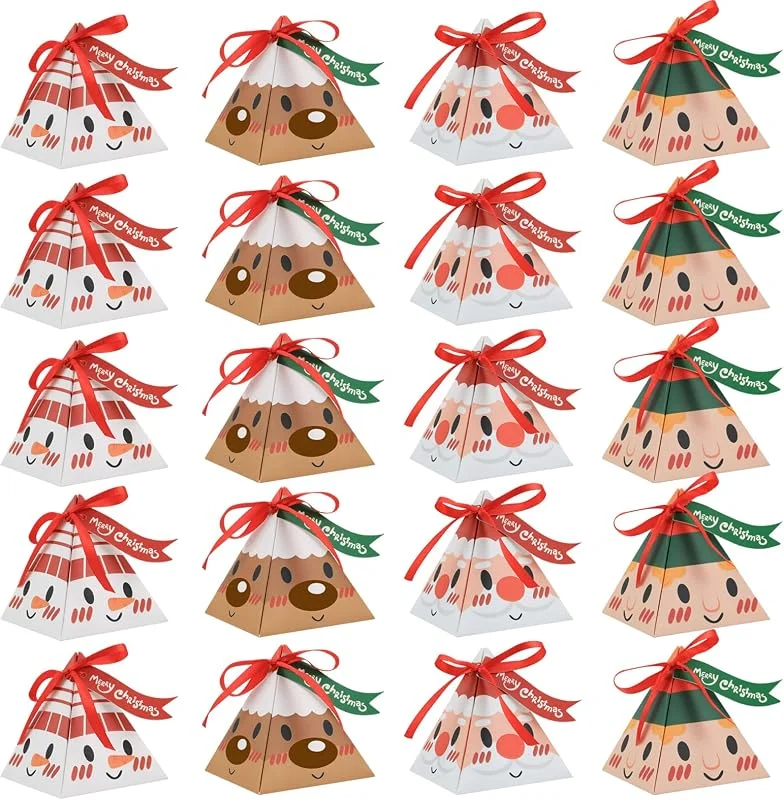 KASESSS 20 Piezas Cajas Regalo Navidad, Cajas Navidad Triángulo, Lindo Cajitas Regalo Pequeñas NAvidad con Cinta y Etiquetas para Envolver Postre, Caramelo, Chocolate, Palomita y Galleta — Envoltorio regalo