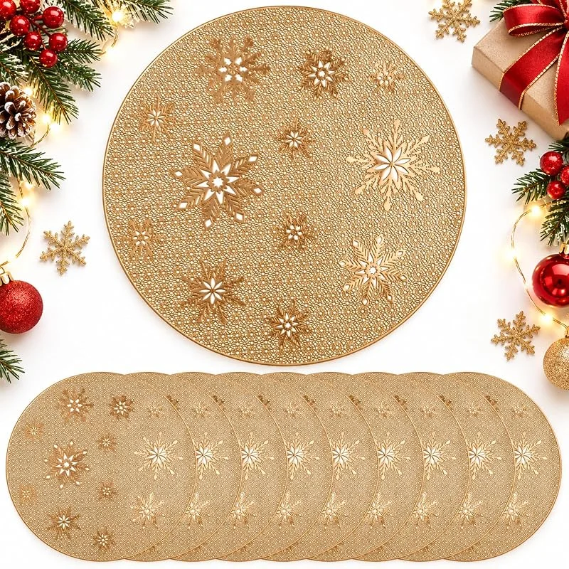 KingYH 10 Manteles Individuales Redondos de Navidad 38cm PVC Dorado — Hogar y cocina