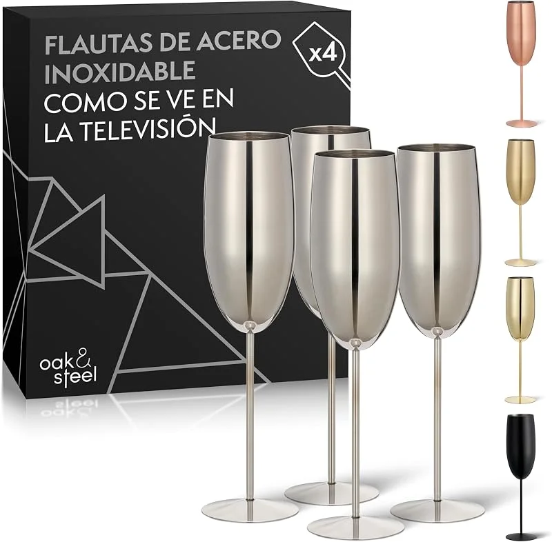 Visita la tienda de OS Oak & Steel ENGLAND Oak & Steel - 4 Elegantes Copas de Champán de Acero Inoxidable, 285ml - Copas Cava de Acero Inoxidable Plateado - Set Original para Brindis, Bodas, Fiestas y Celebraciones — Vino y mesa festiva