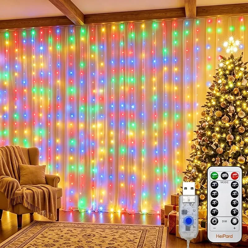 HeiPard Luces Navideñas Cortina 3x3m 300 LED USB Multicolor Fiesta — Luces Navidad