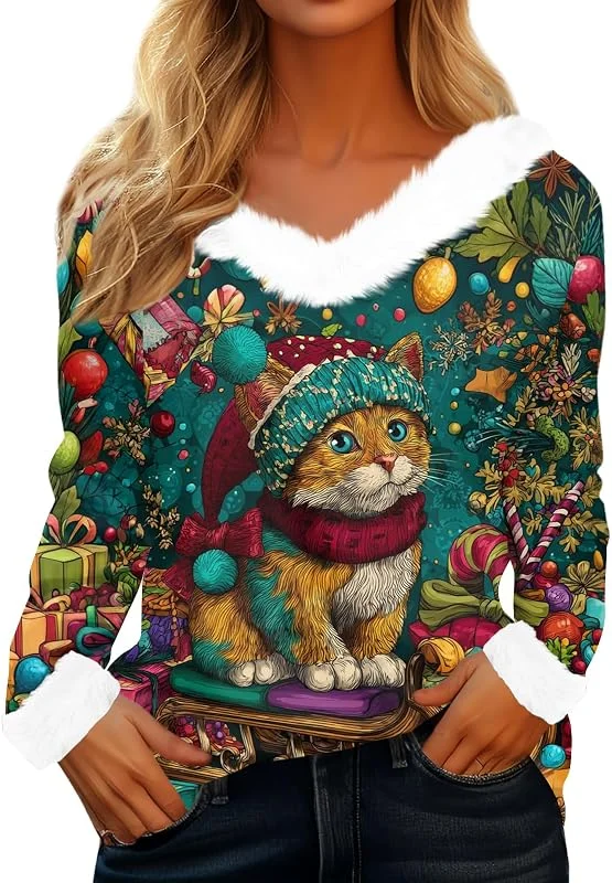 TOFOTL Camisetas de Navidad Vistoso Cuello de Pelo Ropa Acogedor Llamativo — Ropa Navidad
