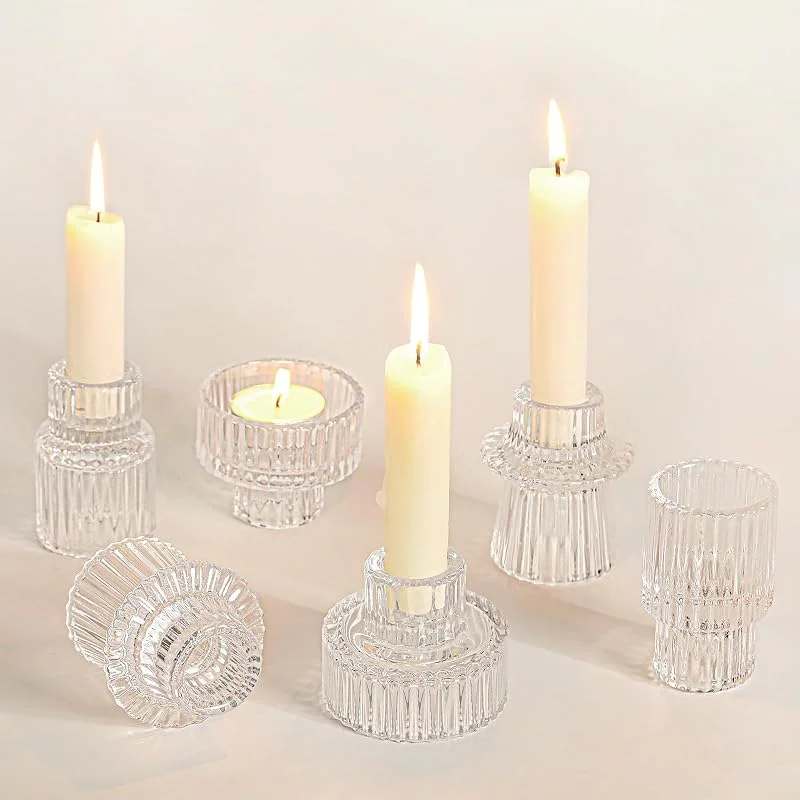 Cnwinu Juego de 6 portavelas de cristal, 2 en 1 portavelas para tealights transparentes, portavelas para velas de varilla, portavelas pequeños para bodas, decoración de mesa, mesa de comedor, fiesta — Cena a la luz de velas
