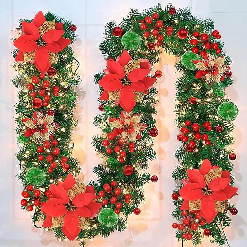 Vothen Guirnalda navideña con iluminación 270cm, Guirnalda de Abeto de PVC con guirnaldas de Luces LED, decoración navideña para Puerta y Chimenea con Flores de Navidad — Decoracion Navidad