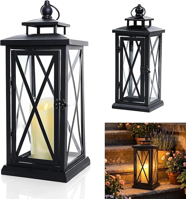 ALKNOT Farolillos de metal negro de 28, 5 cm, para exteriores, para cementerio, resistente a la intemperie, para exteriores, bar, boda, decoración, condolencias, funerales, farolillos de velas, jardín y — Cena a la luz de velas