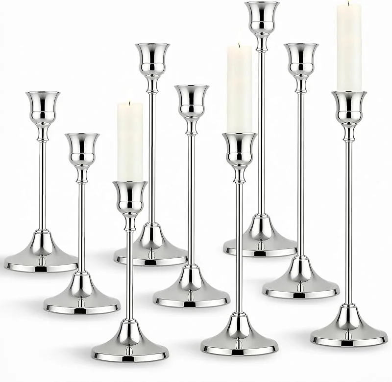 Demlaka Juego de 9 candelabros, 15, 19, 23 cm, 3 candelabros diferentes, plateados, vintage, candelabros altos y cortos, para bodas, fiestas, cenas — Cena a la luz de velas
