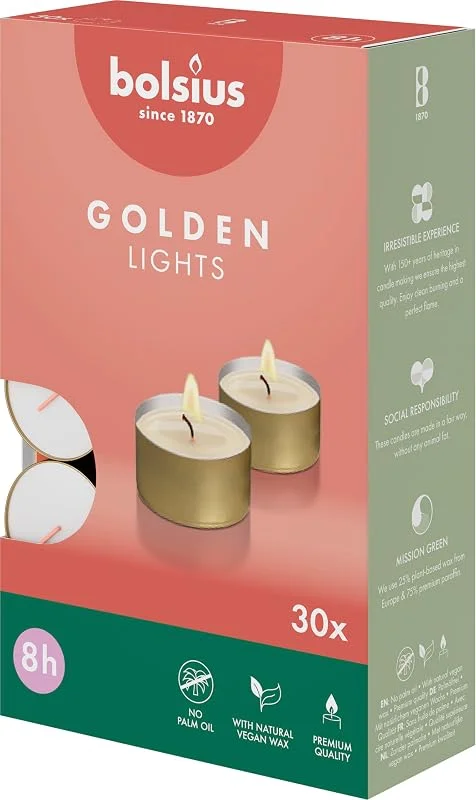 Visita la tienda de Bolsius Bolsius - Velas de Té con Taza Dorada - Paquete de 30-8 Horas de Combustión - Velas Decorativas para el Hogar - Sin Perfume - Con Cera Vegana Natural - Sin Aceite de Palma — Cena a la luz de velas