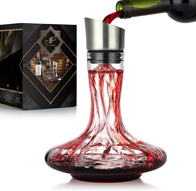 NEW PACIFIC YOUYAH Decantador de Vino con Aireador y Filtro Incorporados, Botella de Vino Tinto Decantador de Vino, Aireador, Regalos para el Vino, Vidrio de Cristal 100% Soplado a Mano — Vino y mesa festiva