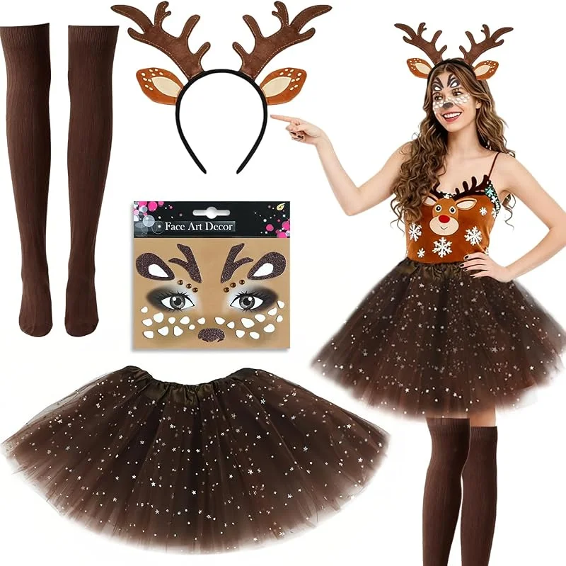 QIMMU Disfraz Reno Mujer, Diadema Reno, Tatuajes Cara, Falda Tutu, Calcetín, Disfraz Mujer para Carnaval Navidad Halloween Cosplay Fiesta — Ropa Navidad