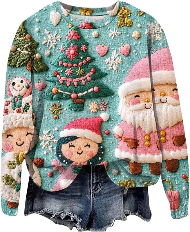 tacniseyw Sudadera de Navidad para mujer, suéter feo de manga larga con cuello redondo y estampado de árbol de Navidad, tallas grandes — Ropa Navidad