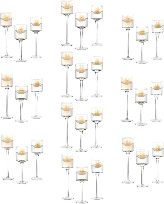 Romadedi Portavelas de Cristal para Velas, Alto Candelabro Porta Velas de te Pequeñas Elegante Mesa de Boda, Navidad Decoración Casa, 10 Juegos 20, 23, 26cm — Cena a la luz de velas