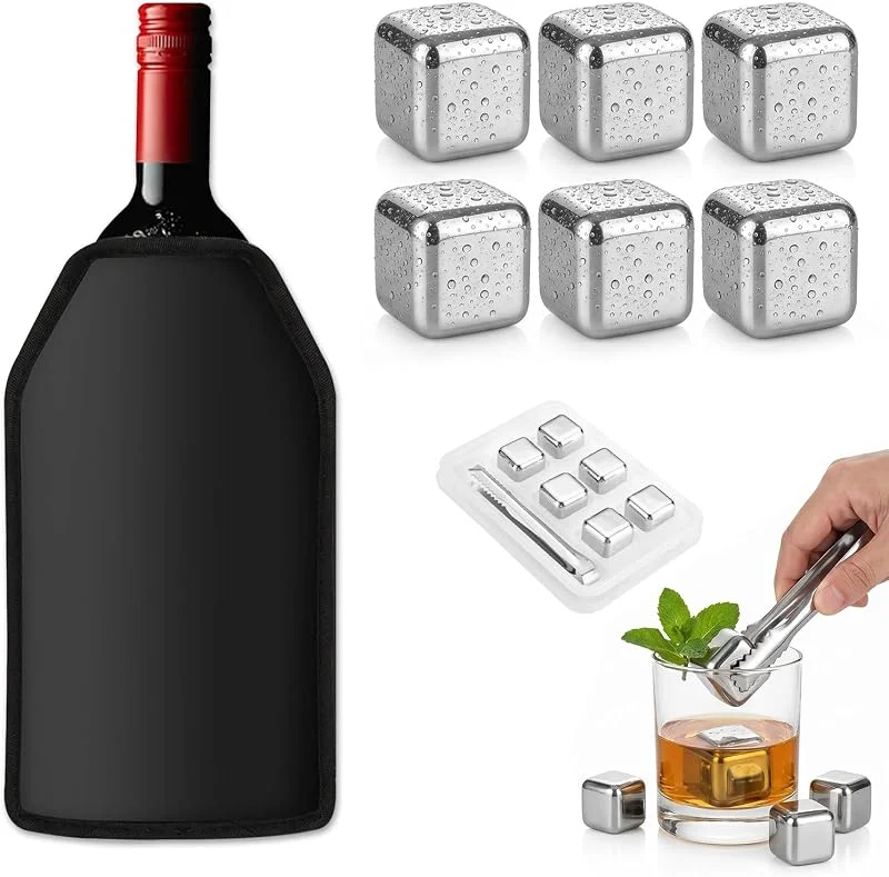 HH-uytnglo 1 Piezas Negro Funda Enfriadora de Botellas de Vino, Funda Enfriadora Impermeable, Fabricada con 5 capas aislantes, 6 Piezas Cubitos Hielo Reutilizable Acero Inoxidable 304 Con para Casa y Restaurante — Vino y mesa festiva